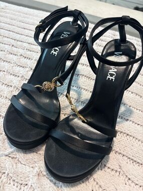 Versace Black Ankle-Strap High Heels with Gold Medusa Accent